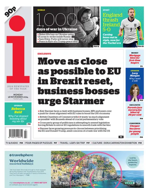 "Move as close as possible to EU in Brexit reset, business bosses urge Starmer" headlines the i