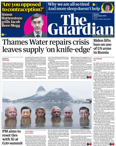 Guardian headlines "Thames Water repairs crisis leaves supply 'on knife-edge'"