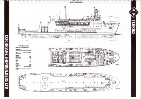 Brian Pulleyn Blueprints of a large ferry, with side view, and two top down plans