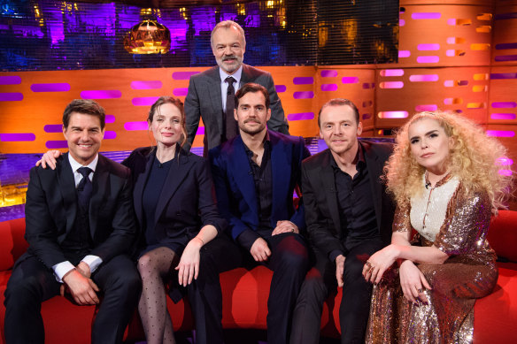 Graham Norton with a typically star-packed couch: (from left) Tom Cruise, Rebecca Ferguson, Henry Cavill, Simon Pegg and singer Paloma Faith.