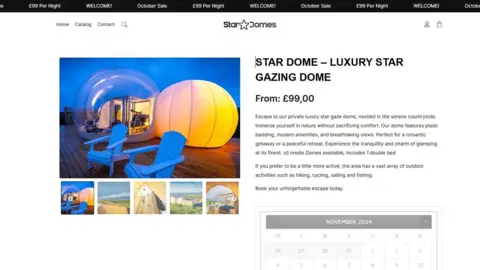 Other A scam website with pictures of glamping bubble pods and text describing a £99 luxury stay in Yorkshire. 