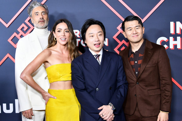 Taika Waititi (left), Chloe Bennet, Jimmy O. Yang, and Ronny Chieng at the Los Angeles premiere of Interior Chinatown.