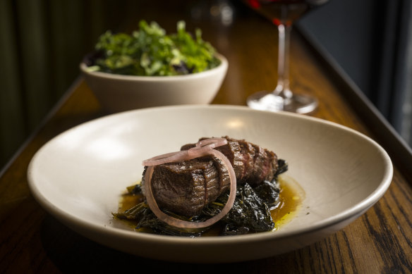 Steak, braised spring greens and lemon myrtle at Napier Quarter.