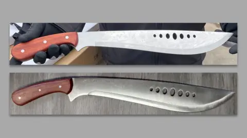 Two very similar looking machete-type knives. They have wooden handles and long curved blades, each with seven oval holes in. The handles each have three metal rivets. 