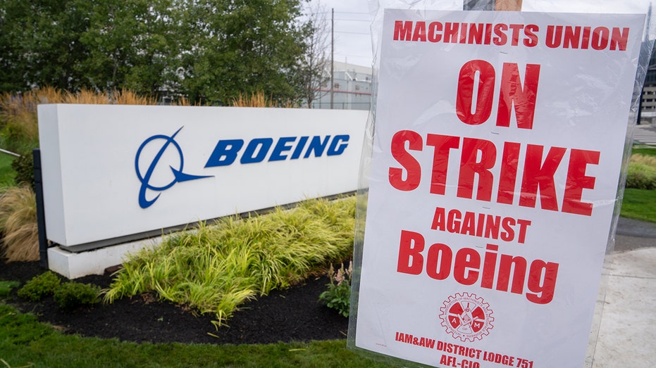 Boeing picket sign before the Boeing sign