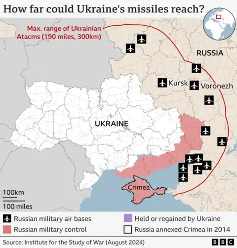 A map shows how far Ukraine's long-range missiles might reach