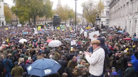 PA Media Wide image of a large group of protesting farmers in London on Tuesday