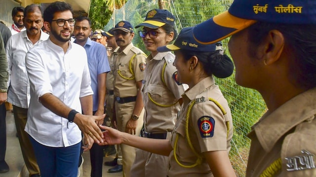 Shivsena (UBT) leader Aditya Thackeray along with supporters celebrates his victory in Maharashtra Assembly elections 2024, in Mumbai, Saturday, Nov. 23, 2024. (PTI Photo) 