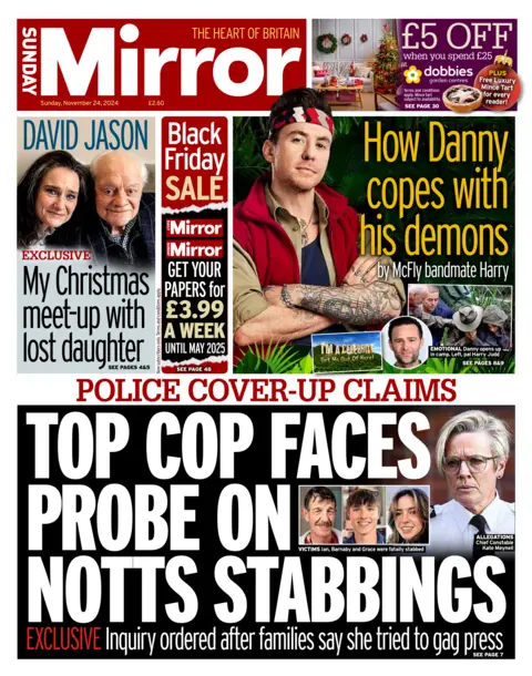 The Sunday Mirror with headline: "TOP COP FACES PROBE ON NOTTS STABBINGS"