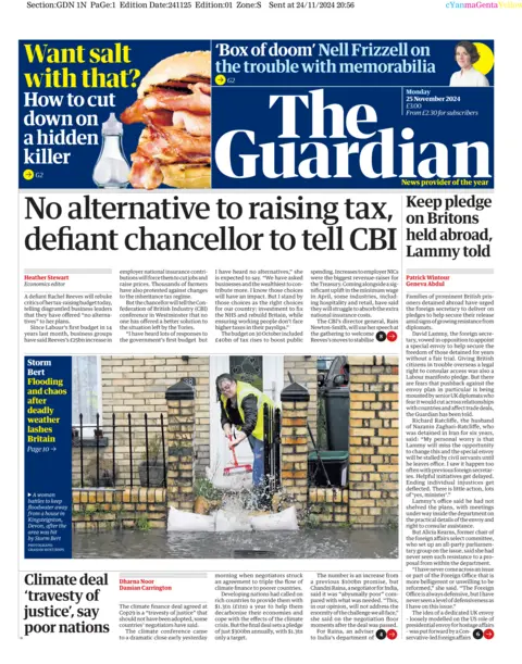 The Guardian front page with headline: "No alternative to raising tax, defiant chancellor to tell CBI"