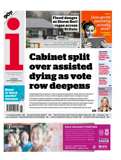 The i front page with headline: "Cabinet split over assisted dying as vote row deepens". 