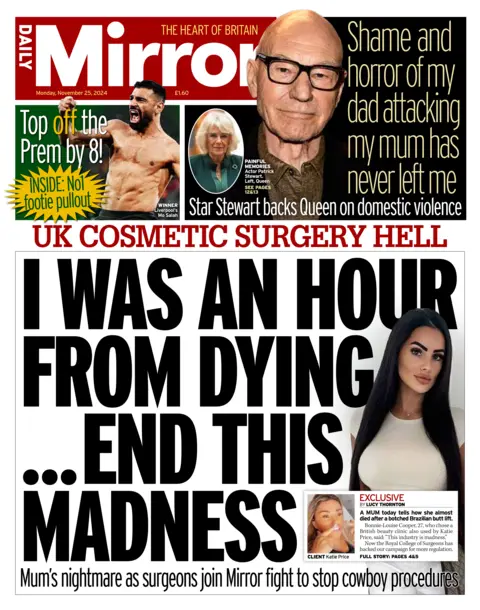 The Daily Mirror front page with headline: "I was an hour from dying... End this madness"