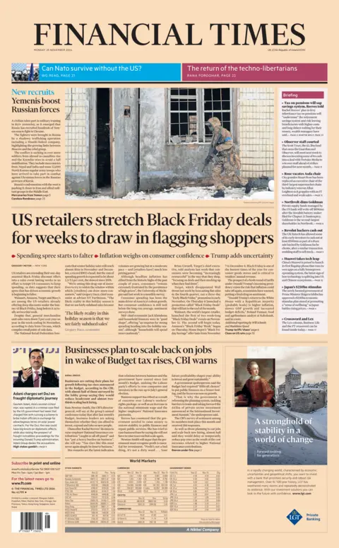 The Financial Times front page with headline "US retailers stretch Black Friday deals for weeks to draw in flagging shoppers"