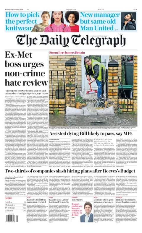 The Daily Telegraph with headline: "Ex-Met boss urges non-crime hate review".