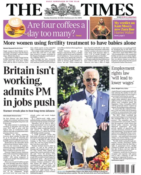 The headline in the Times reads: "Britain isn't working, admits PM in jobs push"