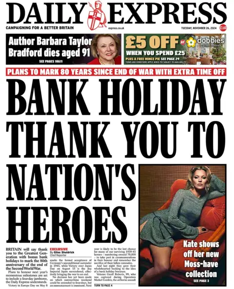 The headline in the Daily Express reads: "Bank holiday thank you to nation's heroes"