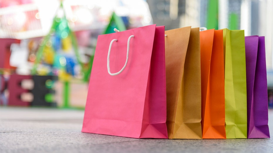 Colorful gift bags in a row