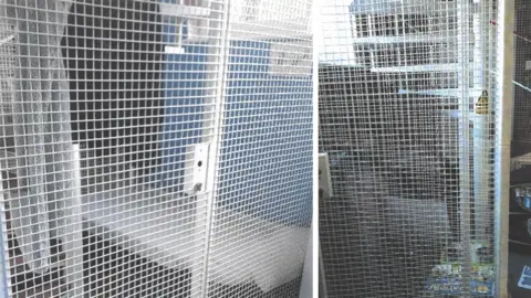 Two images showing images of caged areas at a school, with mesh grid walls and doors and a lock. One has a mattress and sheet on the floor and a blanket hanging up, while the other, located under a metal spiral staircase, has toys and games on the floor - including what appears to be the game "Operation".