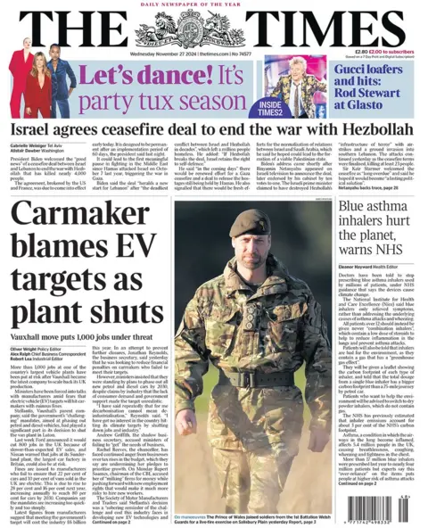 The headline in the Times reads: "Carmaker blames EV targets as plant shuts"