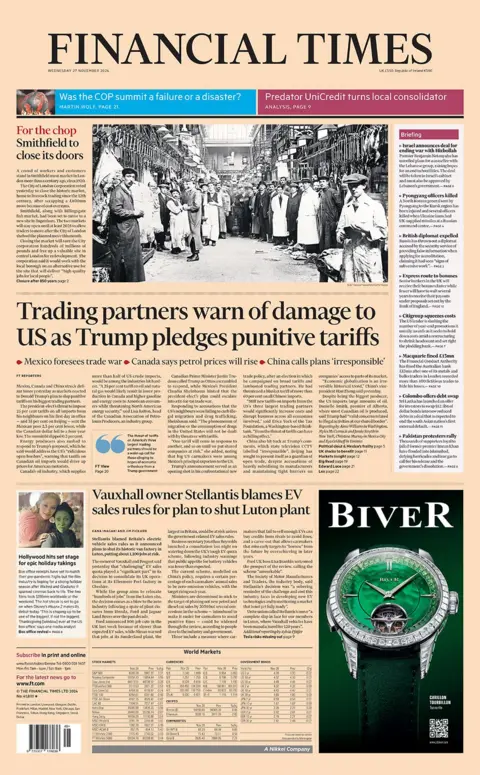 The headline in the Financial Times reads: "Trading partners warn of damage to US as Trump pledges punitive tariffs"