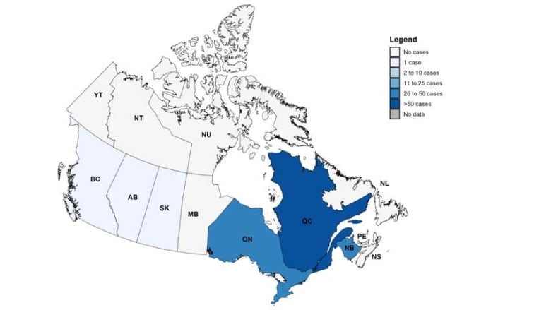 A map of Canada illustrating the geographic distribution of 130 measles cases by province and territory, as of Nov. 9.