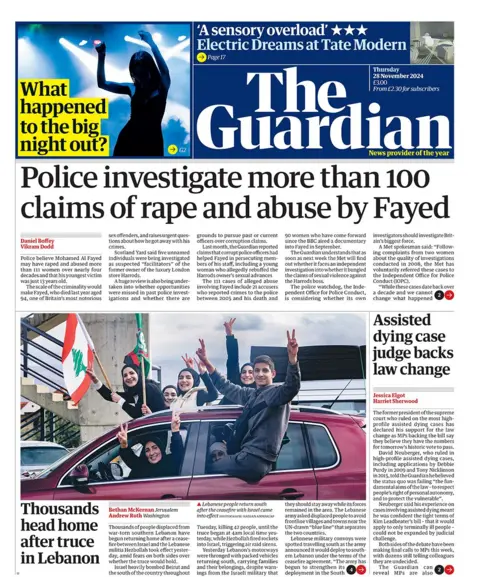 The headline in the Guardian reads: "Police investigate more than 100 claims of rape and abuse by Fayed"