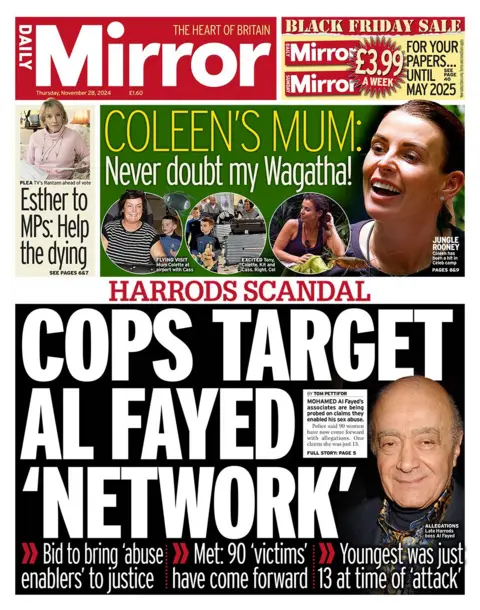 The headline in the Daily Mirror reads: "Cops target Al Fayed 'network'"