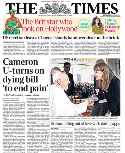 The headline in the Times reads: "Cameron U-turns on dying bill 'to end pain'