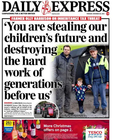 The headline in the Daily Express reads: "'You are stealing our children's future and destroying the hard work of generations before us'"