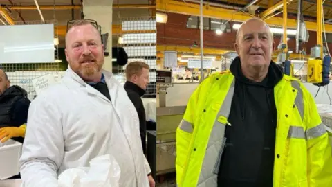 A composite image of Scott and Chris. Scott is wearing a white jacket with glasses resting on his head and Chris is in a yellow hi vis jacket with a black hoodie underneath. Both are looking into the camera standing by their stalls in the fish market. 