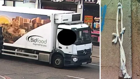 Met Police A composite image showing CCTV still of a 'Bidfood' delivery truck on a street in London on the left, and an image of a makeshift sling made from tying trousers together on the right.