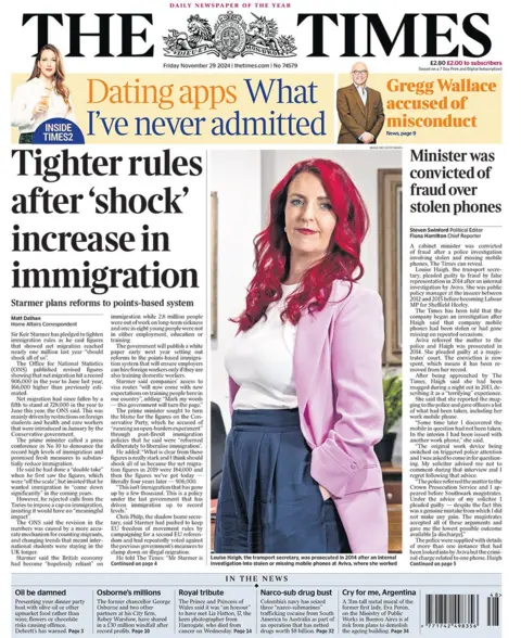 The headline in the Times reads: "Tighter rules after 'shock' increase in immigration"