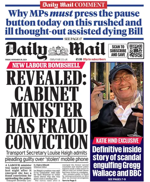 The headline in the Daily Mail reads: "Revealed: Cabinet minister has fraud conviction"