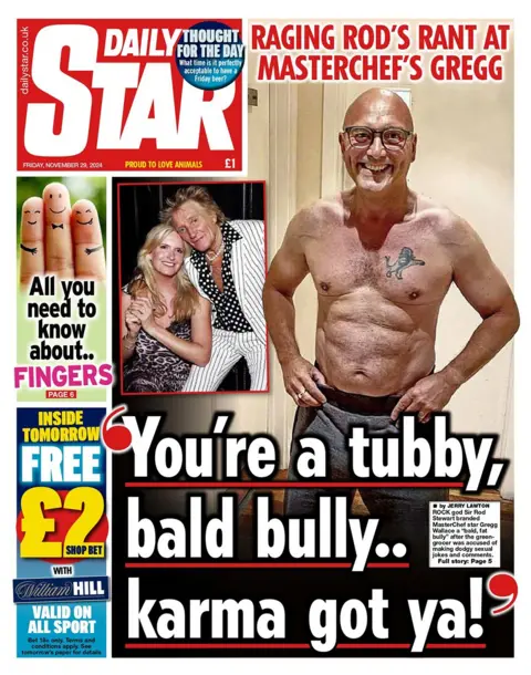 The headline in the Daily Star reads: "'You're a tubby, bald bully.. karma got ya!'"