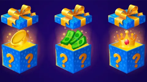 Getty Images Three cartoon boxes with question marks on them are opened to reveal different contents, varying from coins, to cash, to a gold crown.