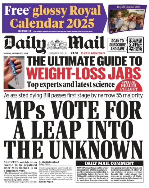 The headline in the Daily Mail reads: MPs vote for a leap into the unknown