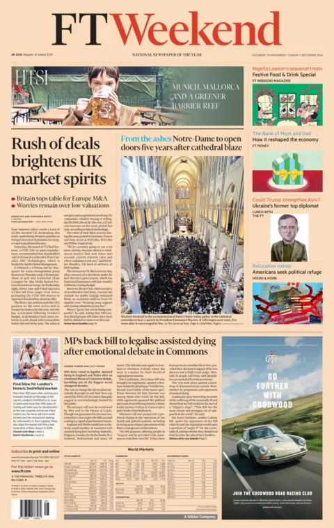 The headline in the Financial Times Weekend reads: Rush of deals brightens UK market spirits