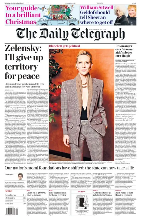 The headline in the Daily Telegraph reads: Zelensky: I'll give up territory for peace