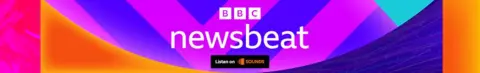 A footer logo for BBC Newsbeat. It has the BBC logo and the word Newsbeat in white over a colourful background of violet, purple and orange shapes. At the bottom a black square reading "Listen on Sounds" is visible.