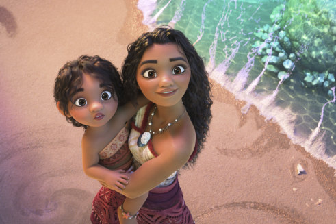 Moana with her cute little sister (definitely not her daughter) Simea in Moana 2.