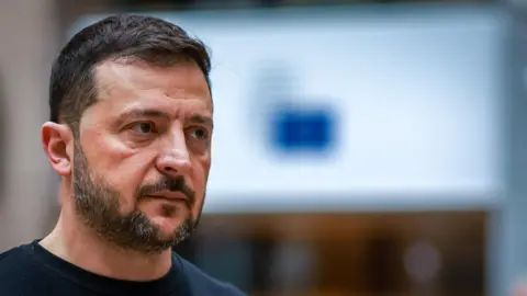 shutterstock A portrait of Ukrainian President Volodymyr Zelensky. He looks sombre and is wearing black. 