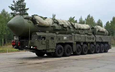 Getty Images A green Yars-M missile complex on a mobile launcher with eight large wheels at Russian strategic missile forces base