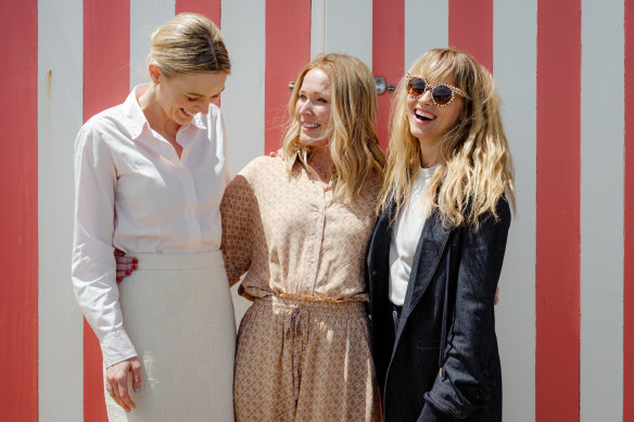 Author Sally Hepworth, centre, with actors Bella Heathcote, left, and Teresa Palmer on the set of The Family Next Door.