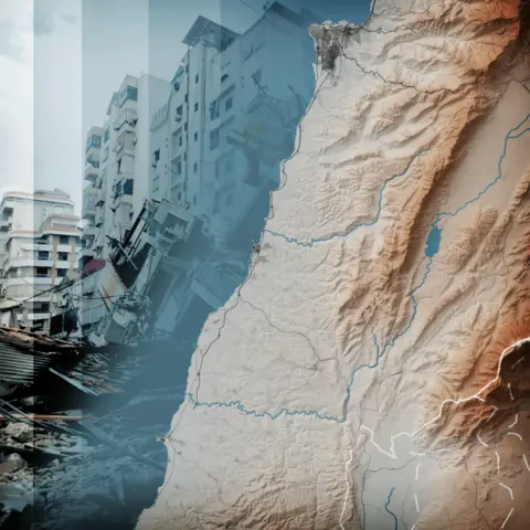 BBC A relief map of Lebanon showing the mountains to the east of Beirut with a photograph of damaged buildings imposed in the background.