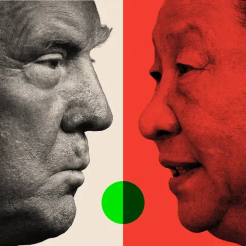 BBC Black and white headshots of Trump and Xi Jinping facing opposite each other, as though they are looking directly toward one another.