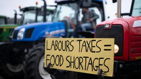 Getty Images Farmers stage a protest in front of Venue Cymru against a rise in inheritance tax in Llandudno, Wales. A placard on the front of a red tractor reads "Labour taxes = food shortages".