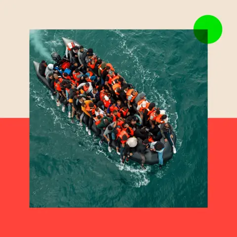 BBC Aerial photo of a black rubber dinghy in the sea packed with around 50 people wearing lifejackets, in many cases with their legs hanging over the side of the boat. The BBC presenter Nick Robinson is pictured separately to the right of the composite.