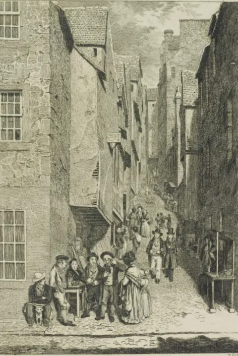 City of Edinburgh Council – Capital Collections Black and white drawing of how Libberton's Wynd once looked with people in traditional dress in the foreground.