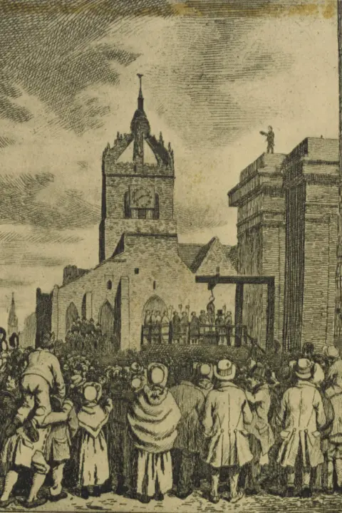 City of Edinburgh Council – Capital Collections A black and white drawing of a crowd of people watching an execution. St Giles Cathedral is in the background.