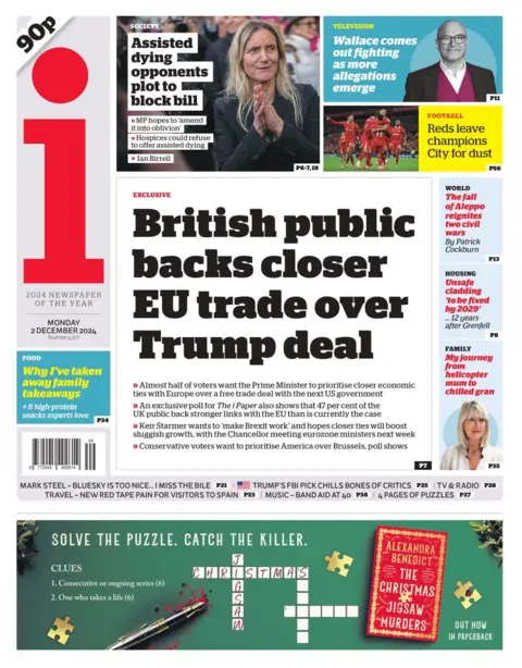 The headline in the i reads: British public backs closer EU trade over Trump deal